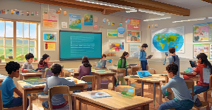 A lively classroom where students are participating in a gamified learning activity, with interactive screens and collaborative projects.