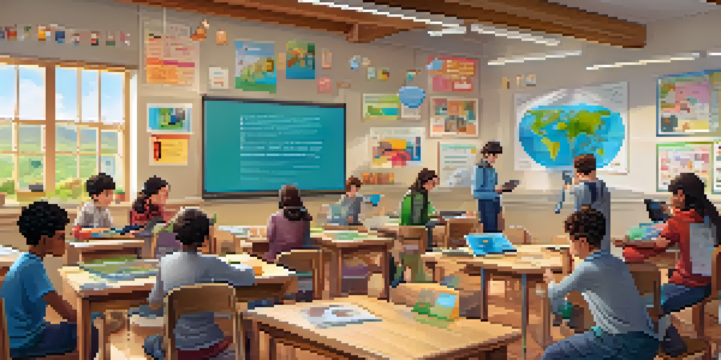 A lively classroom where students are participating in a gamified learning activity, with interactive screens and collaborative projects.