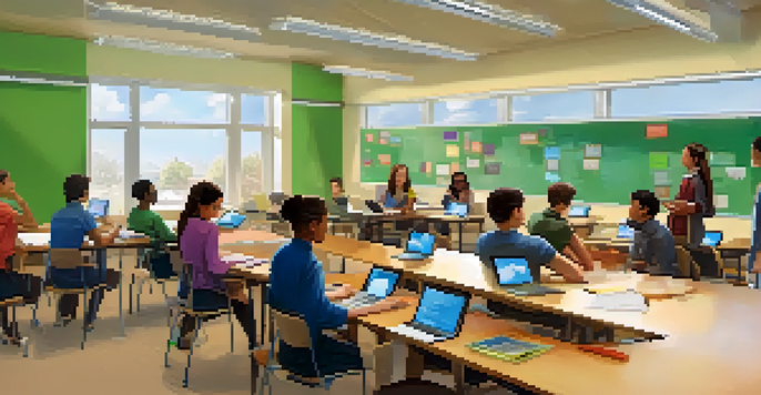 A classroom with students discussing around a table, using laptops and digital devices, with a teacher guiding them.