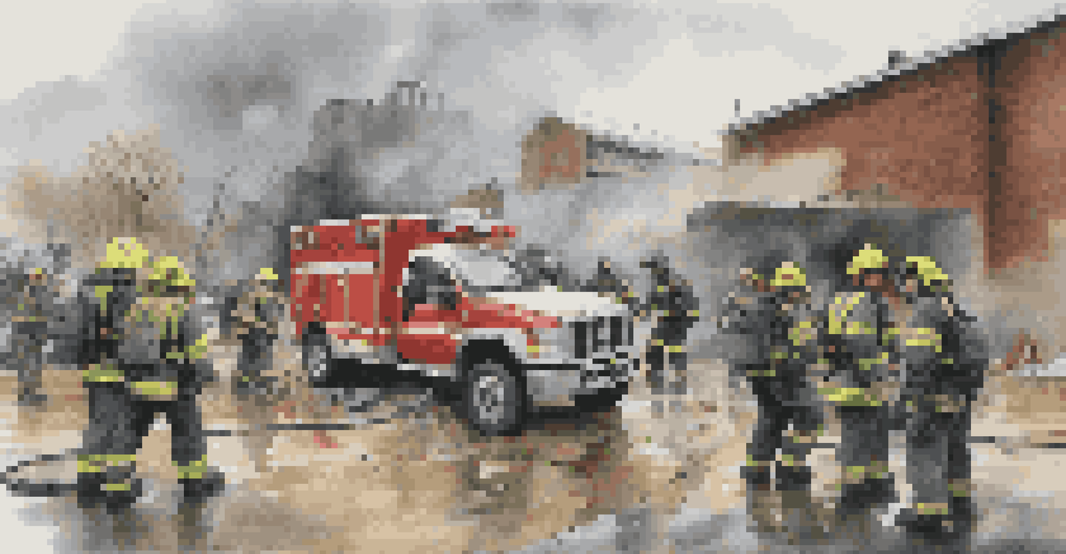 Emergency responders in safety gear conducting a drill in an outdoor disaster scenario, with a collapsed building in the background.