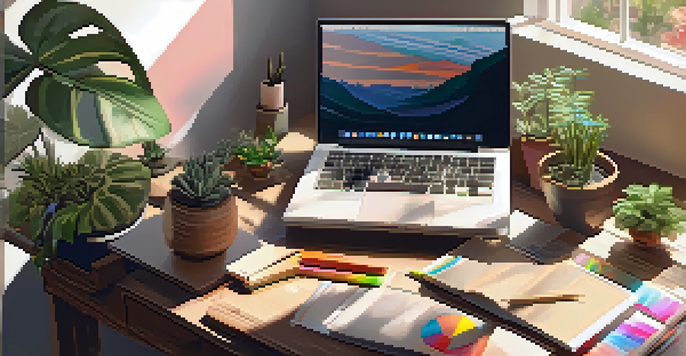 A calm workspace with a wooden desk, an open laptop, potted plants, and colorful stationery, illuminated by soft sunlight from a window.