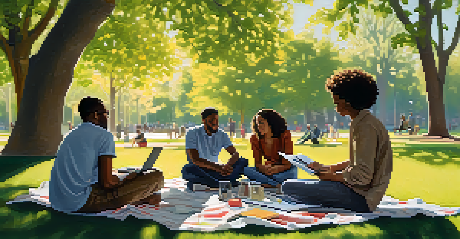 A diverse group of people engaged in a mentorship discussion outdoors in a park, with sunlight filtering through trees.