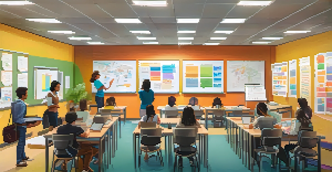 A lively classroom with teachers in discussion during a professional learning workshop, with bright colors and educational materials around.