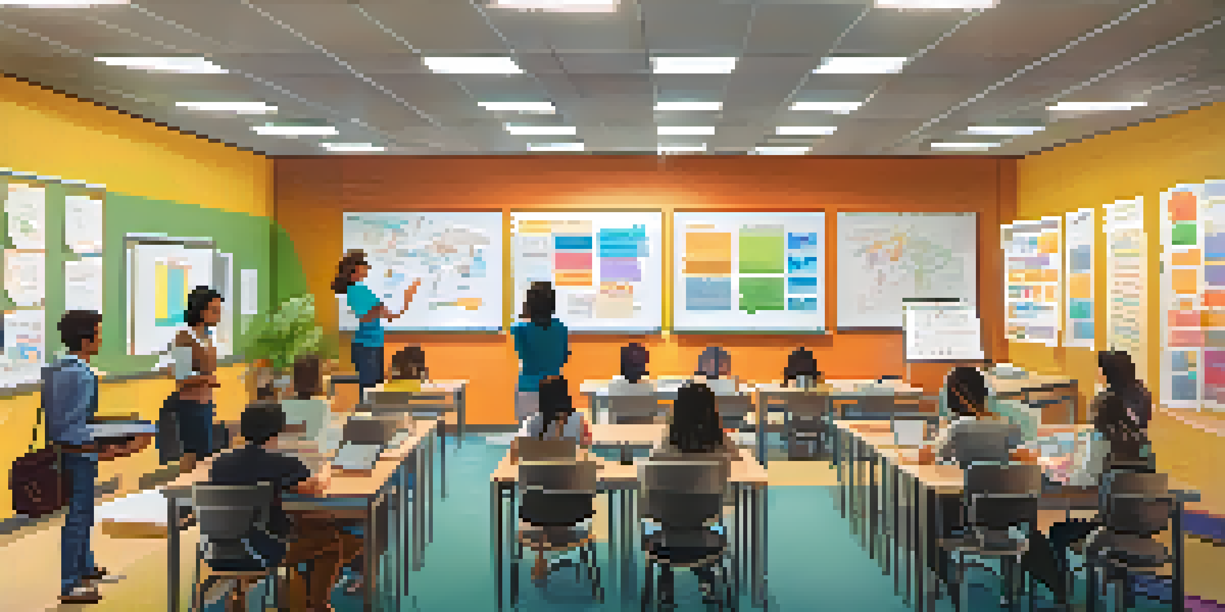 A lively classroom with teachers in discussion during a professional learning workshop, with bright colors and educational materials around.