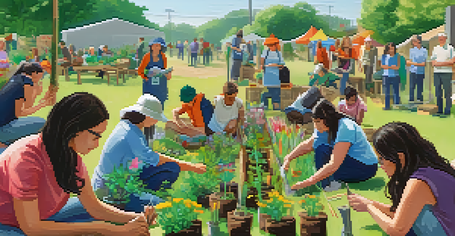 Adults participating in a community workshop focused on sustainability, planting flowers and discussing environmental practices outdoors.