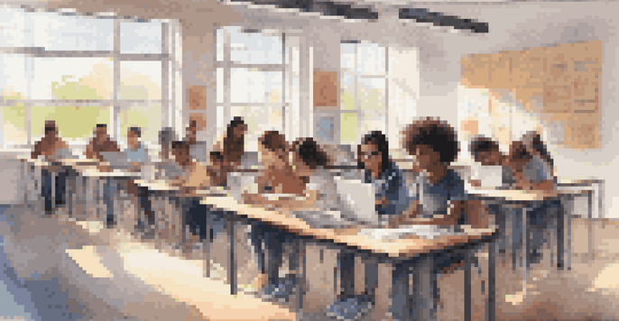 A diverse group of students in a modern digital classroom, using laptops and engaging with learning materials, with natural light coming through the windows.