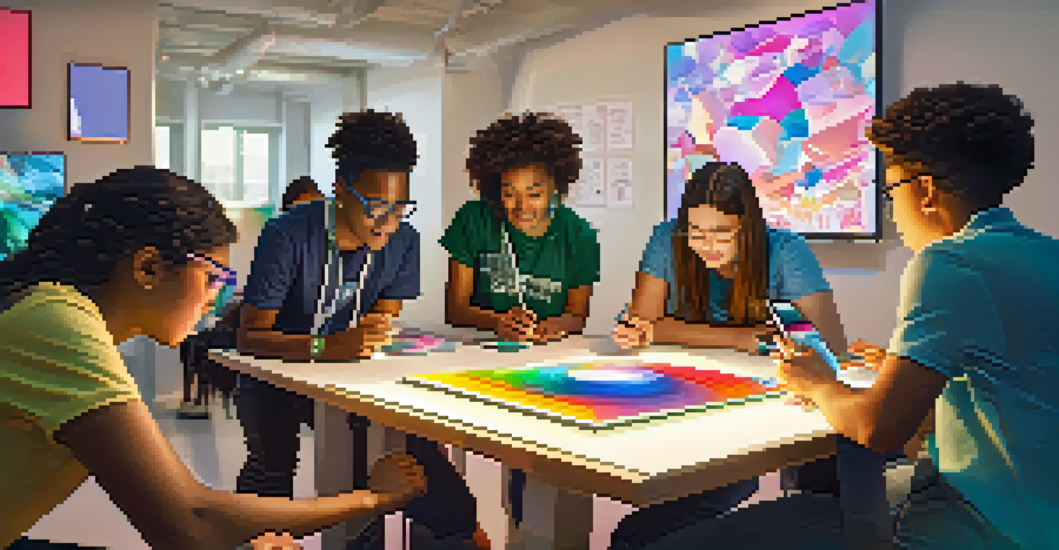 A diverse group of students collaborating using augmented reality tools to visualize and refine their project ideas.