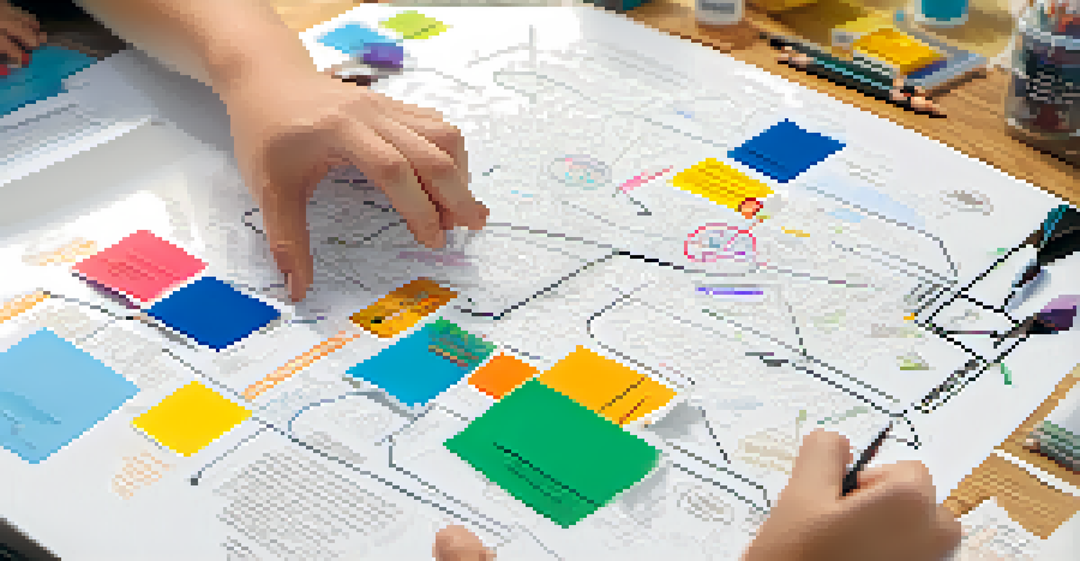 A close-up of a student's hands drawing a colorful concept map on paper, filled with illustrations and keywords.