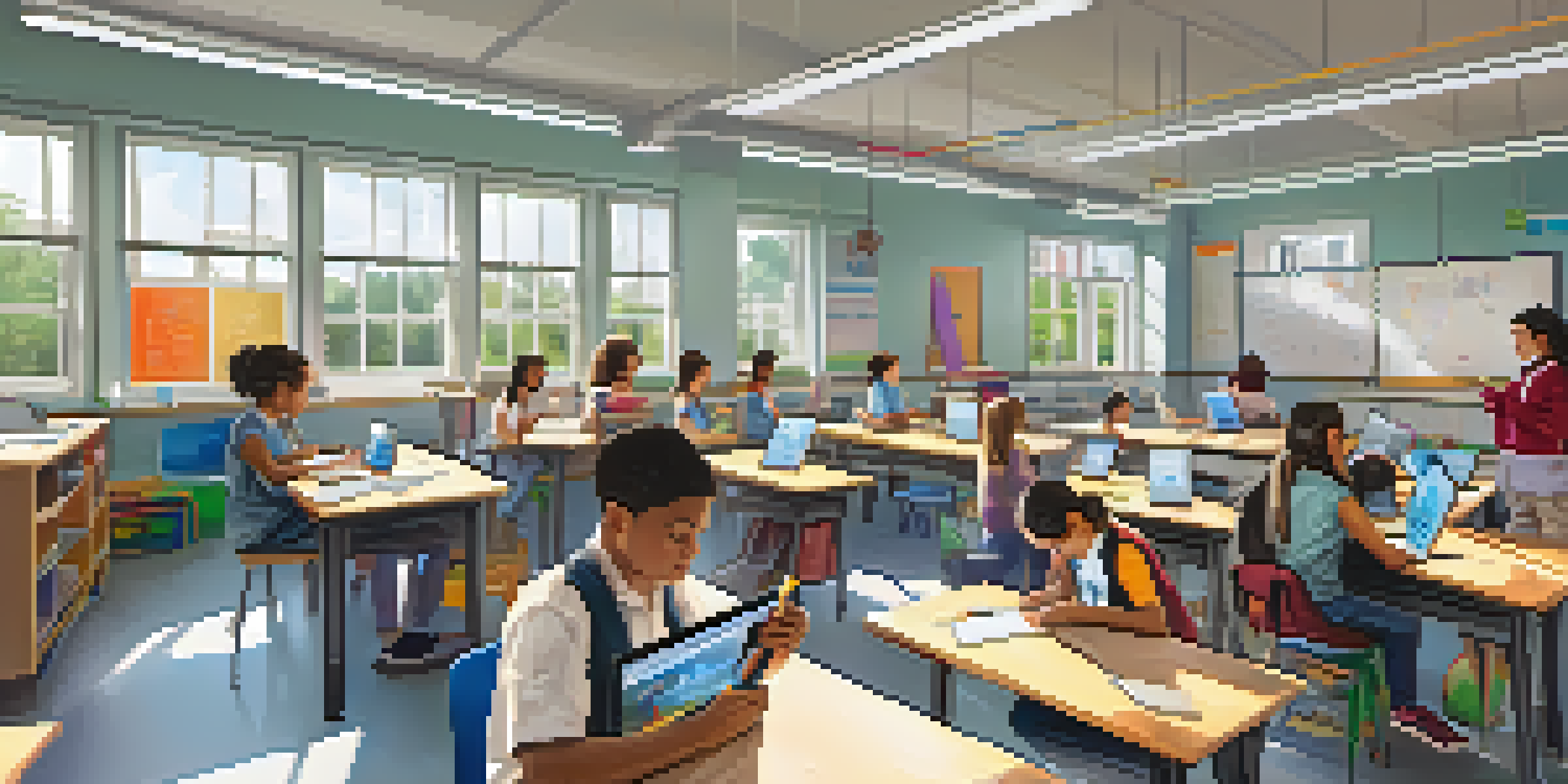 A vibrant classroom with students using digital tools like tablets and an interactive whiteboard while a teacher guides them.