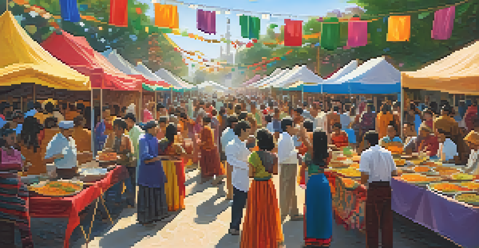 A lively cultural festival featuring international food booths, music performances, and art displays, with people celebrating diversity and unity in the community.