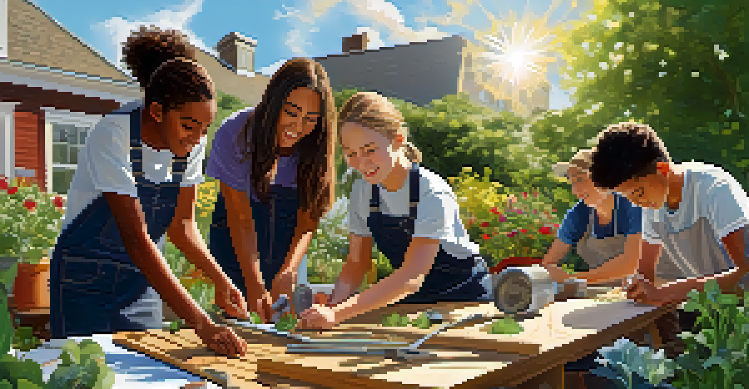 Students collaborating outdoors on a sustainable garden project, surrounded by tools and materials, under bright sunlight.