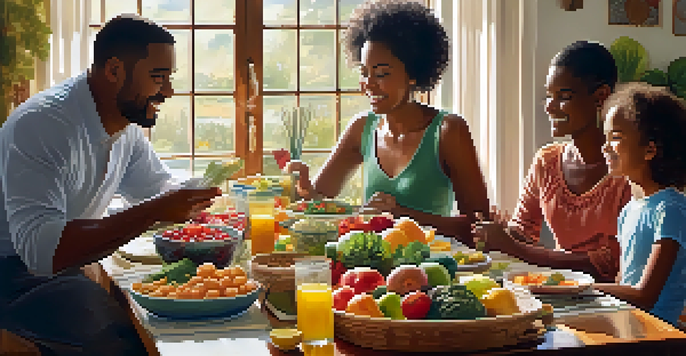 A diverse family gathering around a dining table filled with healthy food, engaged in conversation, with a health history chart on the wall.