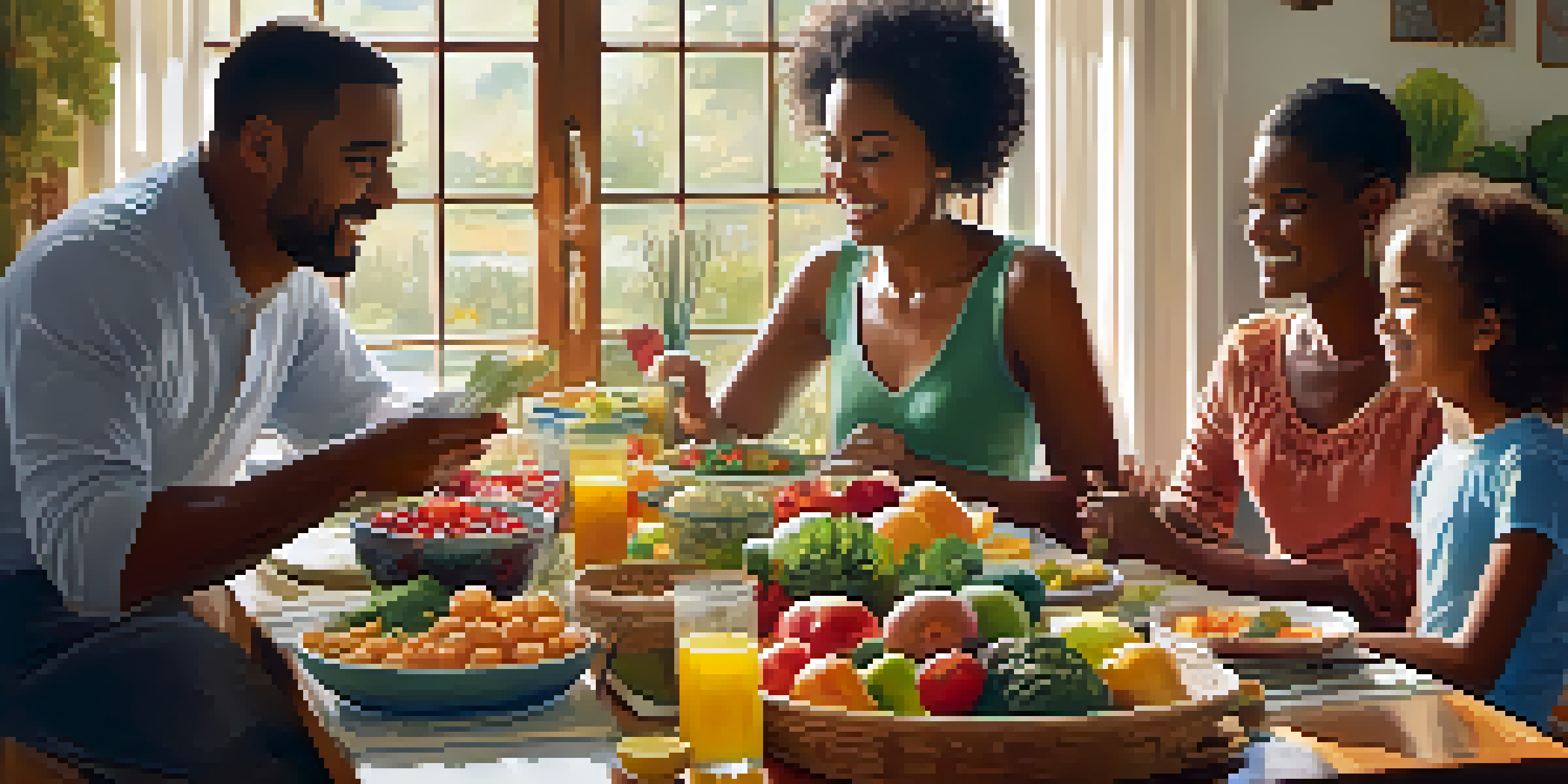 A diverse family gathering around a dining table filled with healthy food, engaged in conversation, with a health history chart on the wall.