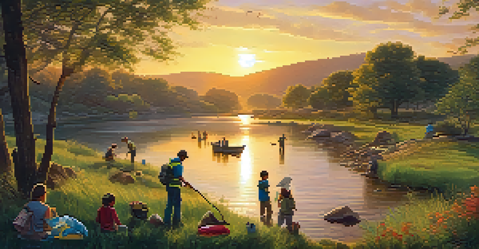 A family cleaning up a riverbank in a beautiful natural landscape during sunset.