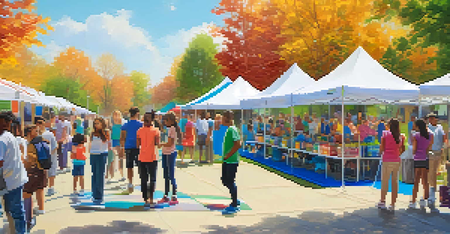 An outdoor health fair with students presenting health projects and engaging in physical activities, surrounded by parents and community members.