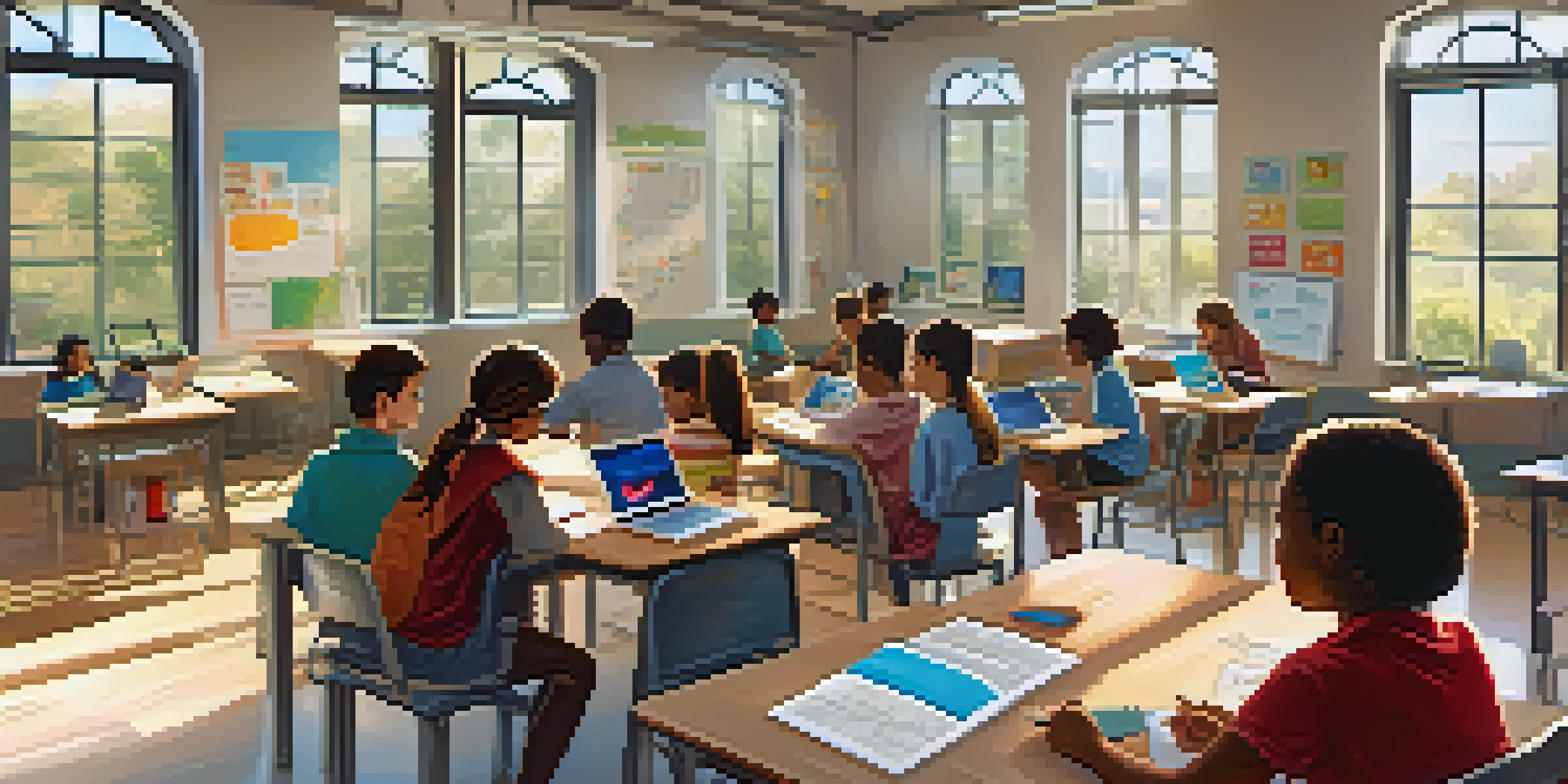 A bright classroom with diverse students working together on digital literacy projects, illuminated by natural light from large windows.