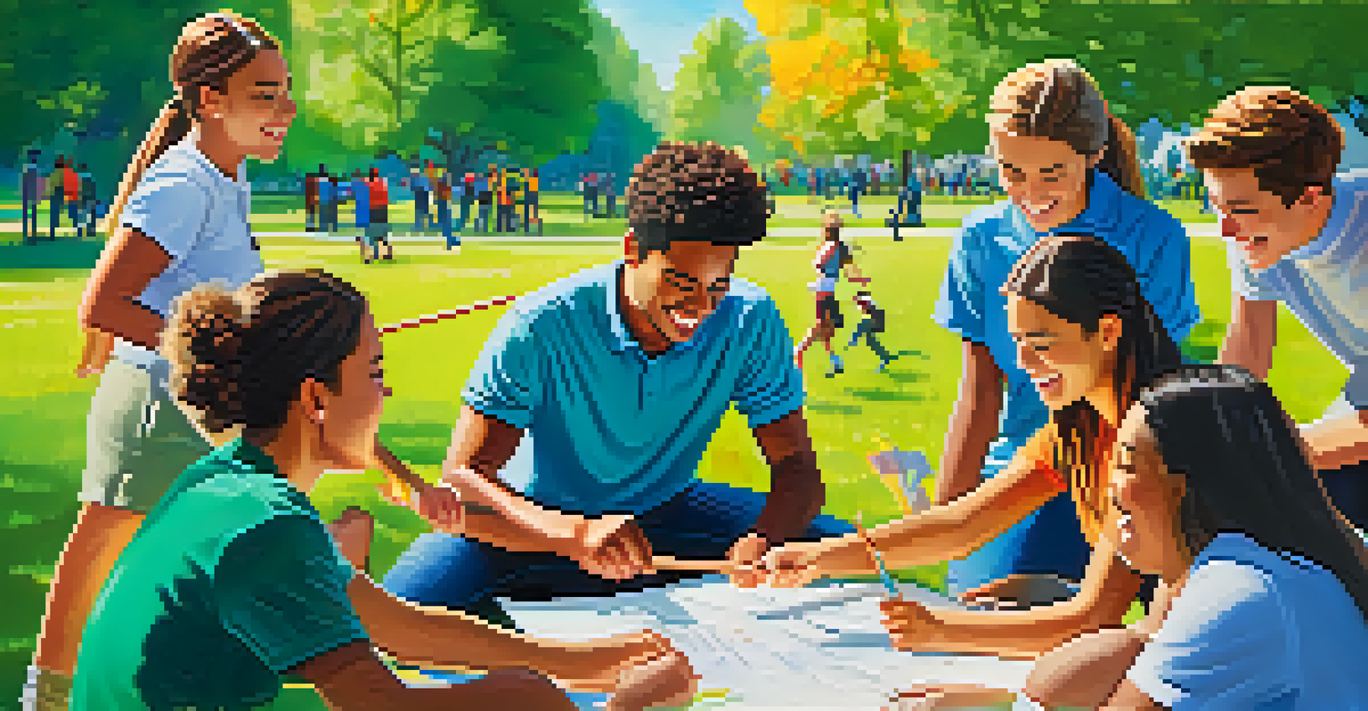 Students collaborating on a team-building activity in a sunny park, showing teamwork and resilience.