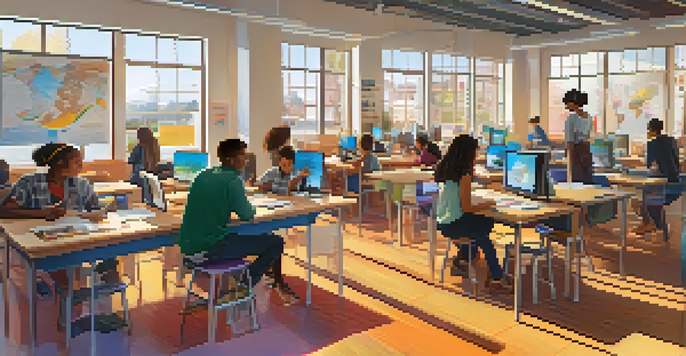 A lively classroom with students of different backgrounds working together on a creative project, surrounded by educational materials and technology.