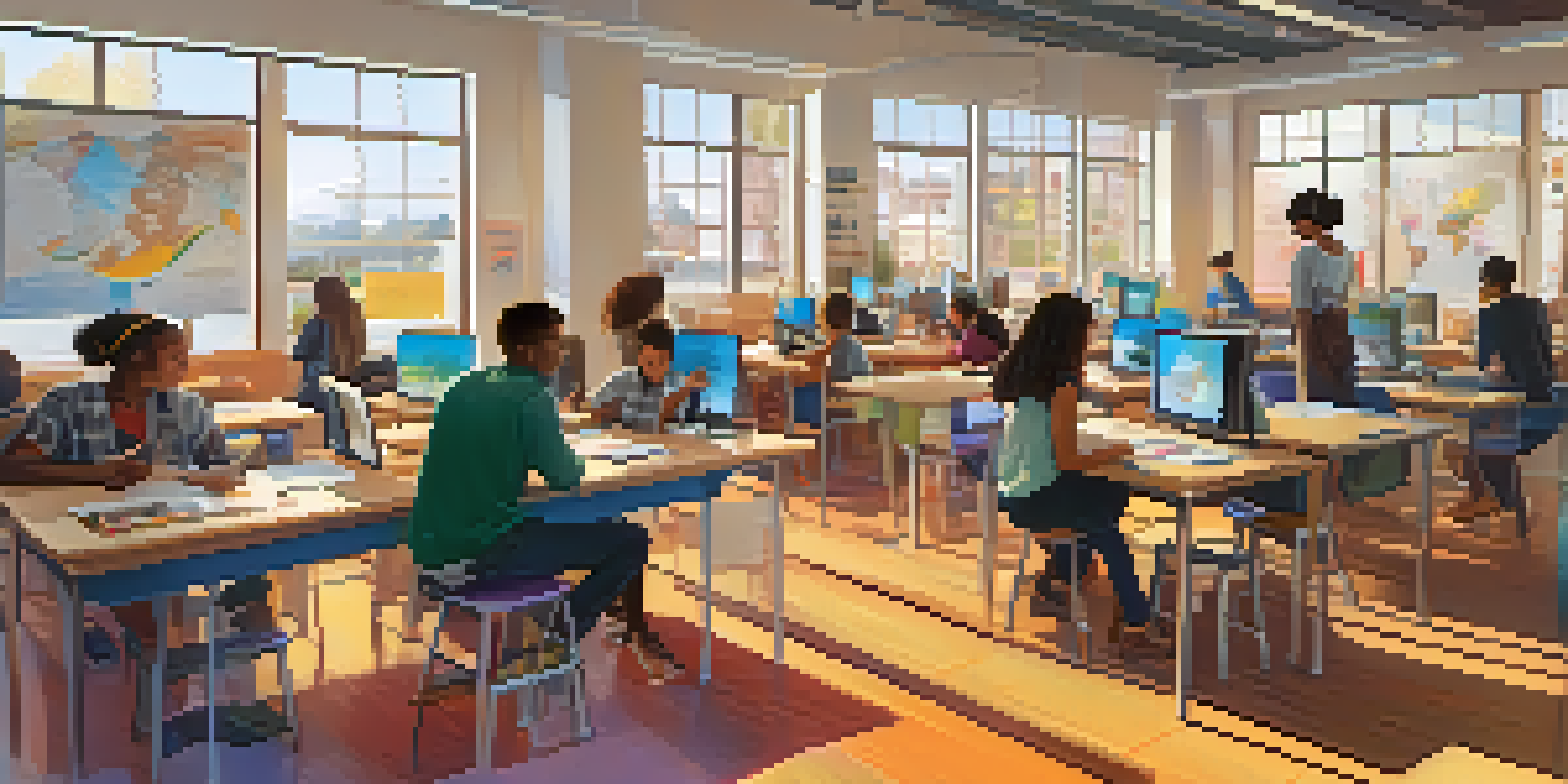 A lively classroom with students of different backgrounds working together on a creative project, surrounded by educational materials and technology.