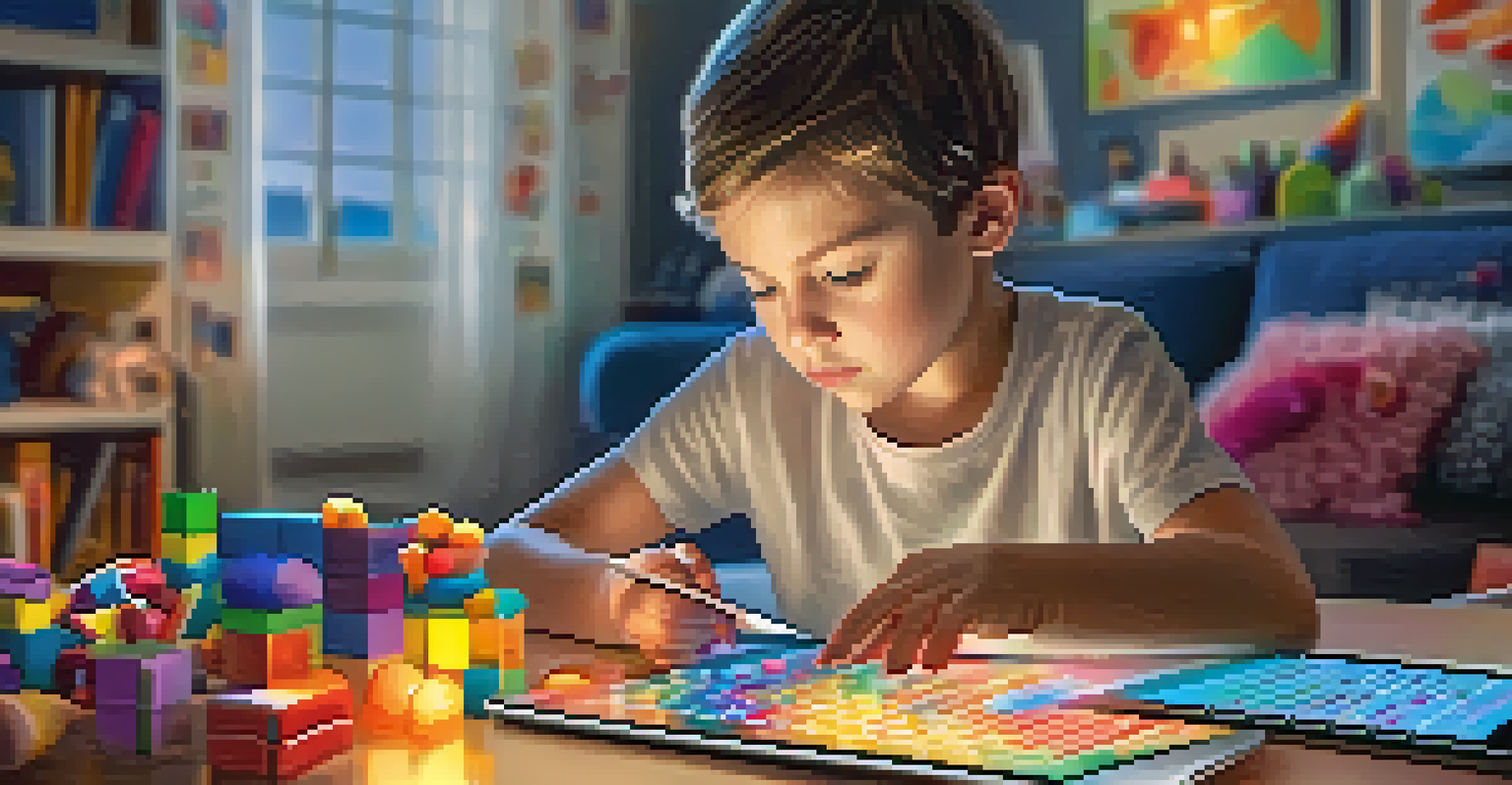 A young child focused on learning coding on a tablet at home, surrounded by educational toys and books in a cozy atmosphere.