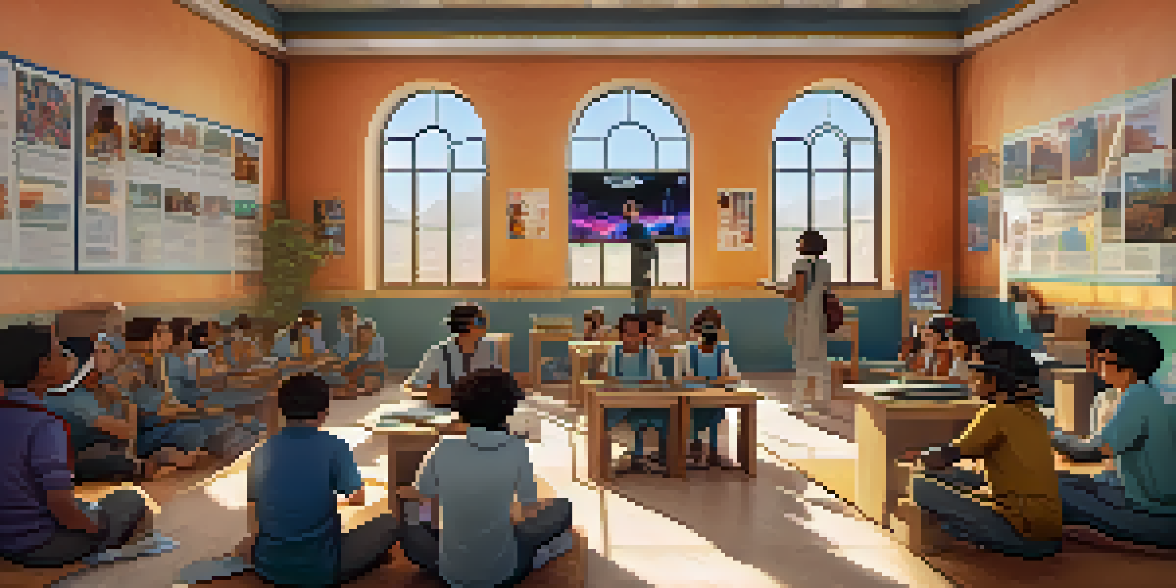 A diverse group of students in a classroom wearing VR headsets, experiencing virtual reality, with cultural posters on the walls.