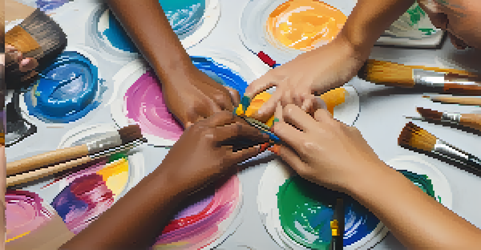 Close-up of diverse hands collaborating on a creative project, painting a mural with colorful tools.