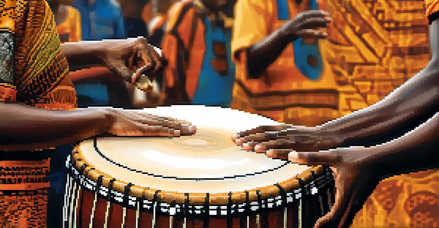 A close-up of hands playing a traditional African drum, with blurred dancers in the background, showcasing the connection between music and cultural celebration.