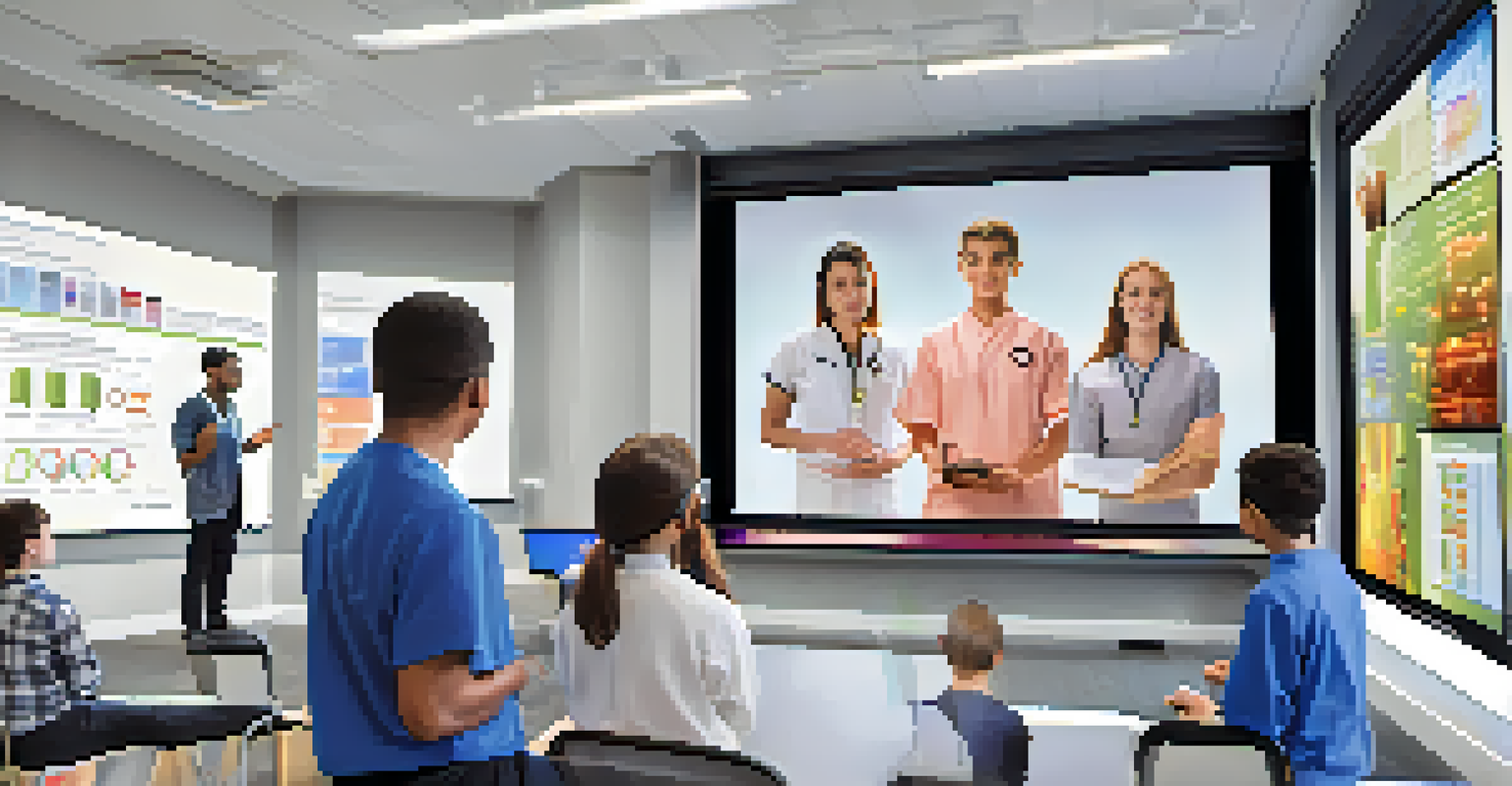 An instructor presenting a virtual health simulation on a large screen, with students observing attentively in a modern classroom.