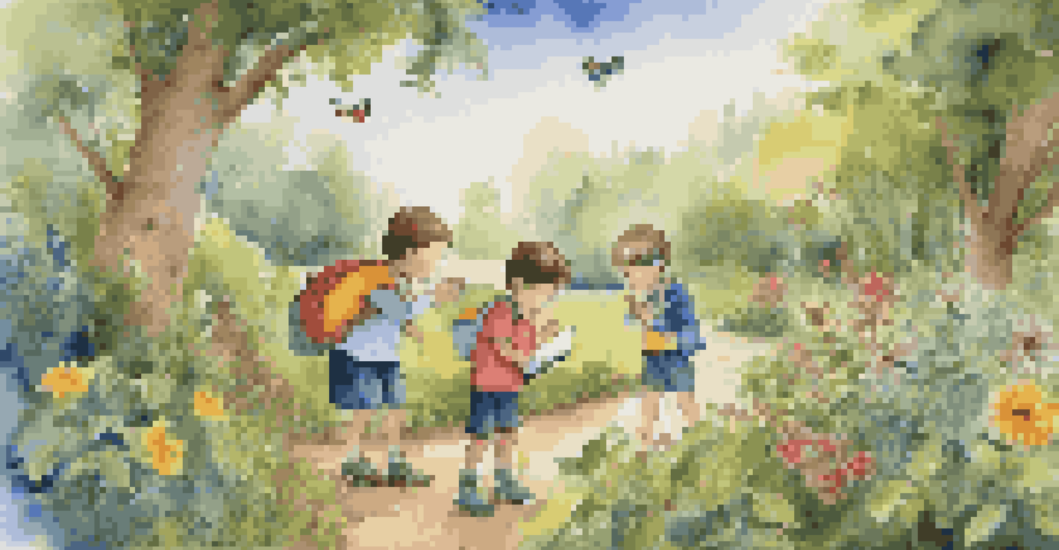 Children exploring nature with magnifying glasses, surrounded by vibrant plants and flowers on a sunny day.