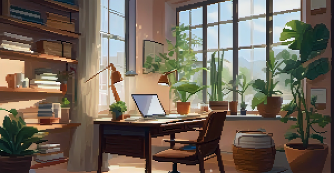 A cozy study space featuring a wooden desk with a laptop, notepad, and coffee, illuminated by natural light from a large window, surrounded by potted plants.