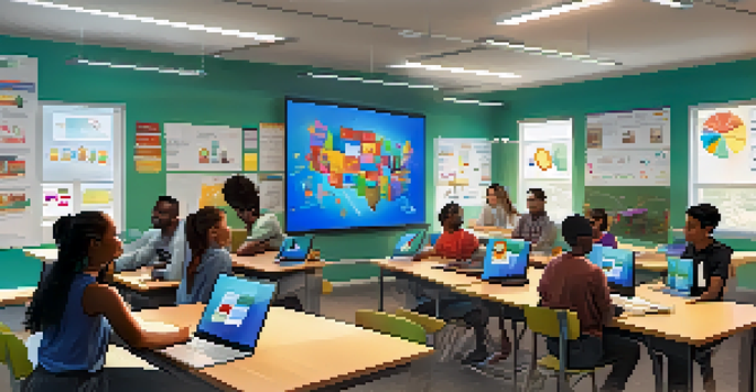 A blended learning classroom with students on laptops engaging in a virtual discussion, an instructor visible on a projector screen, and a bright, collaborative atmosphere.