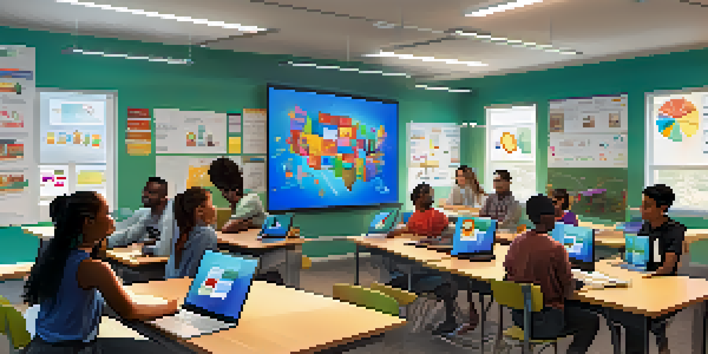 A blended learning classroom with students on laptops engaging in a virtual discussion, an instructor visible on a projector screen, and a bright, collaborative atmosphere.