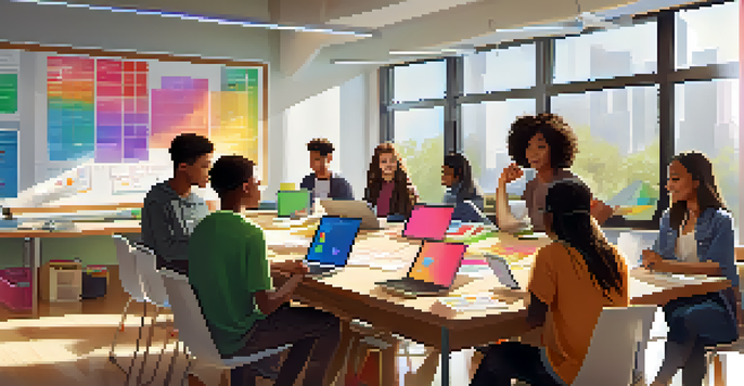 A diverse group of students working together in a modern classroom, surrounded by technology and colorful learning materials.