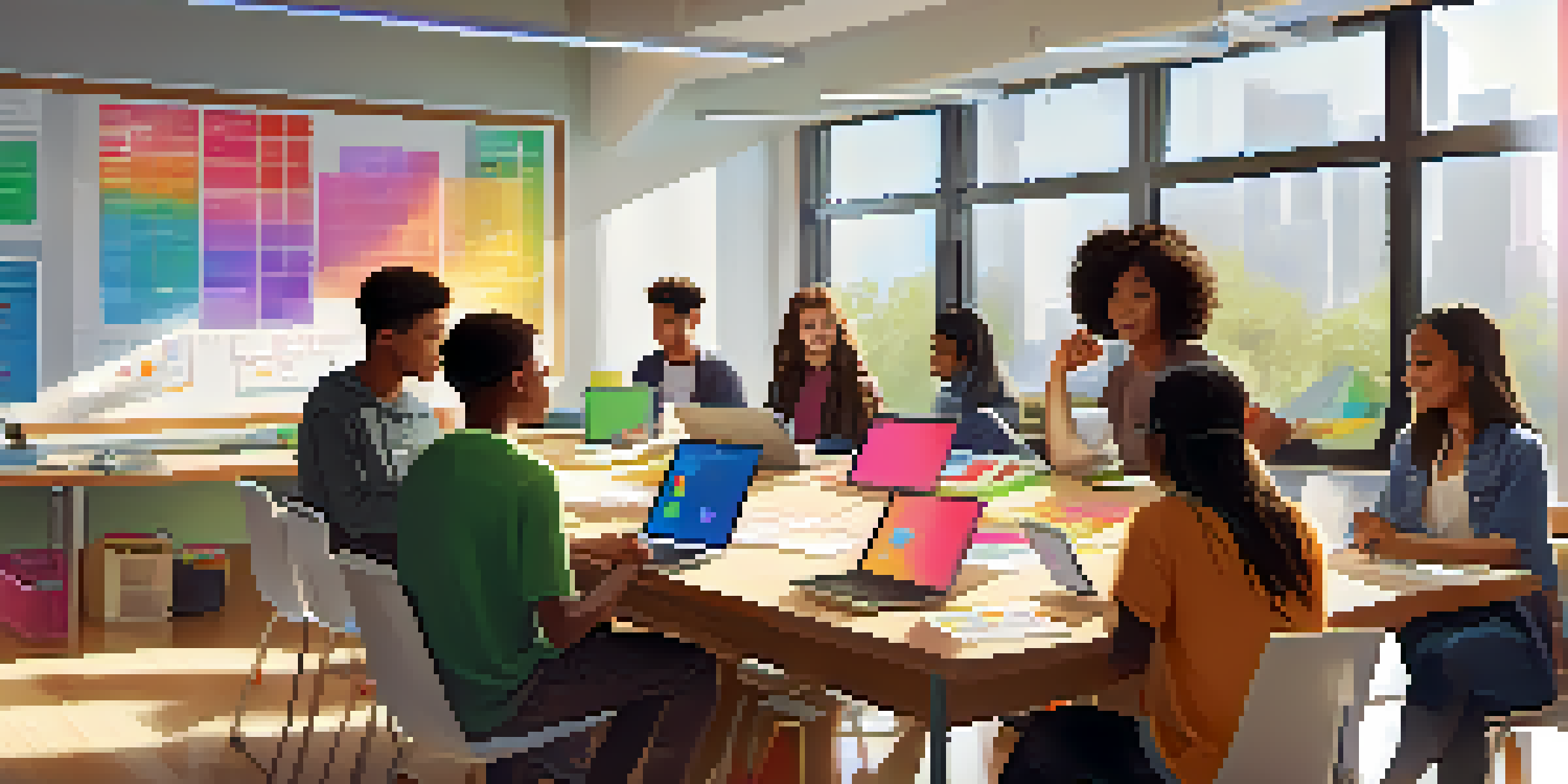 A diverse group of students working together in a modern classroom, surrounded by technology and colorful learning materials.