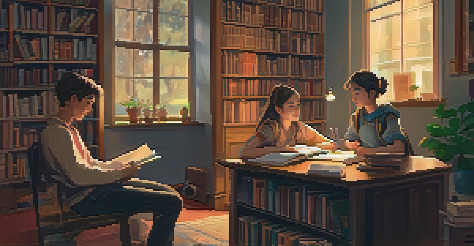 Two students in a cozy study space, one explaining a concept while the other listens, surrounded by books and a cup of tea.