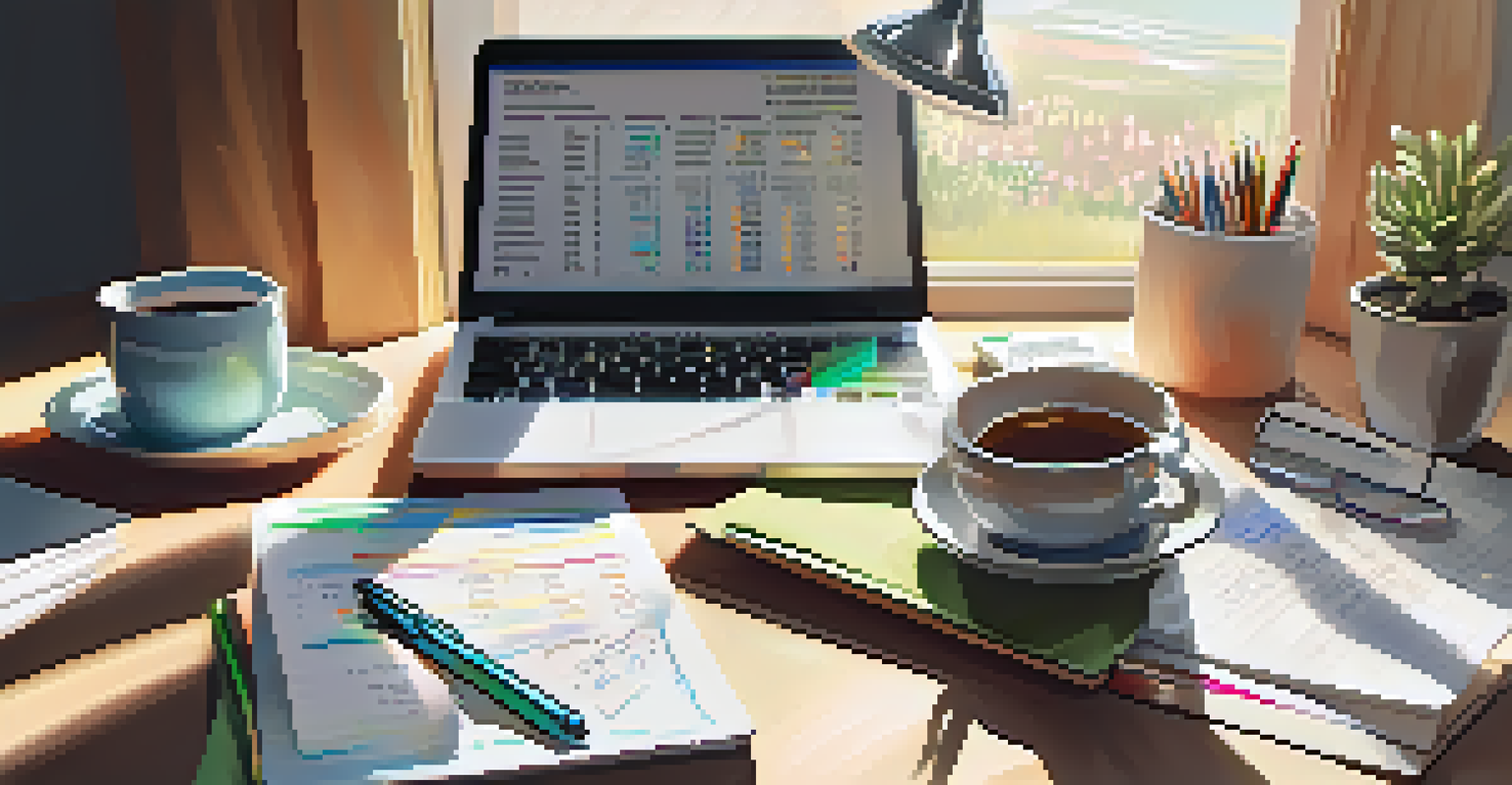 A desk setup for retirement planning, featuring a laptop with a spreadsheet, a notepad with notes, and colorful pens, all bathed in sunlight.