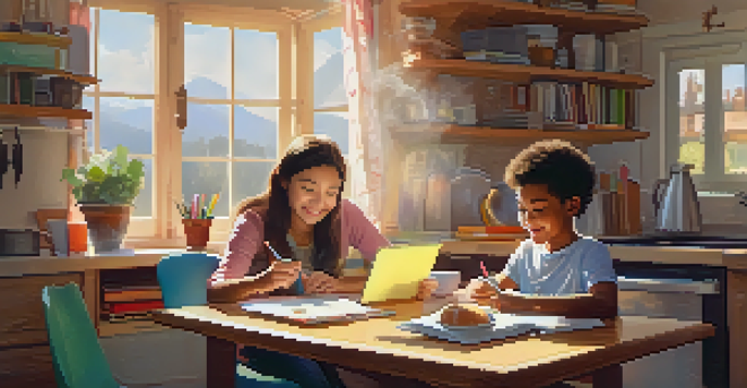 A parent and child working together on a tablet at a kitchen table, surrounded by books and stationery, with sunlight streaming in through a window.