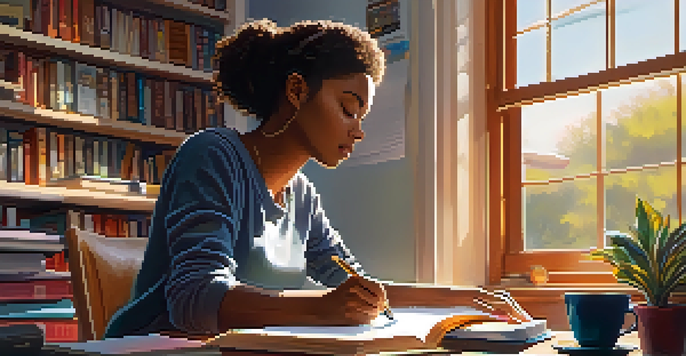 A student writing in a journal at a desk in a cozy home office, with books and a laptop around them, illuminated by soft morning light.