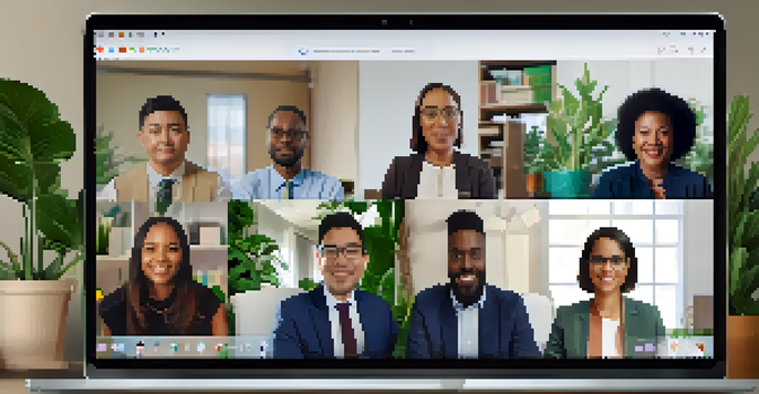 A diverse group of people engaged in a virtual town hall meeting, each in front of their laptops, participating in discussions.