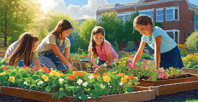 Children of diverse backgrounds planting seedlings in a colorful outdoor classroom surrounded by flowers and trees under a blue sky.