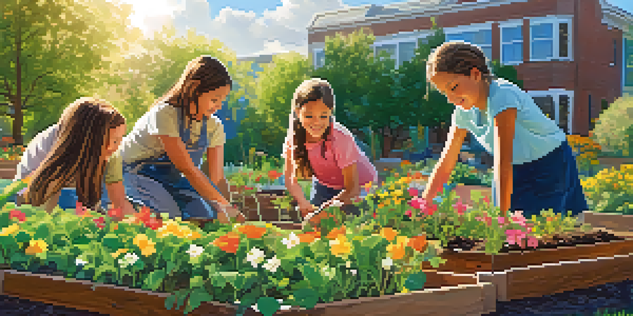 Children of diverse backgrounds planting seedlings in a colorful outdoor classroom surrounded by flowers and trees under a blue sky.