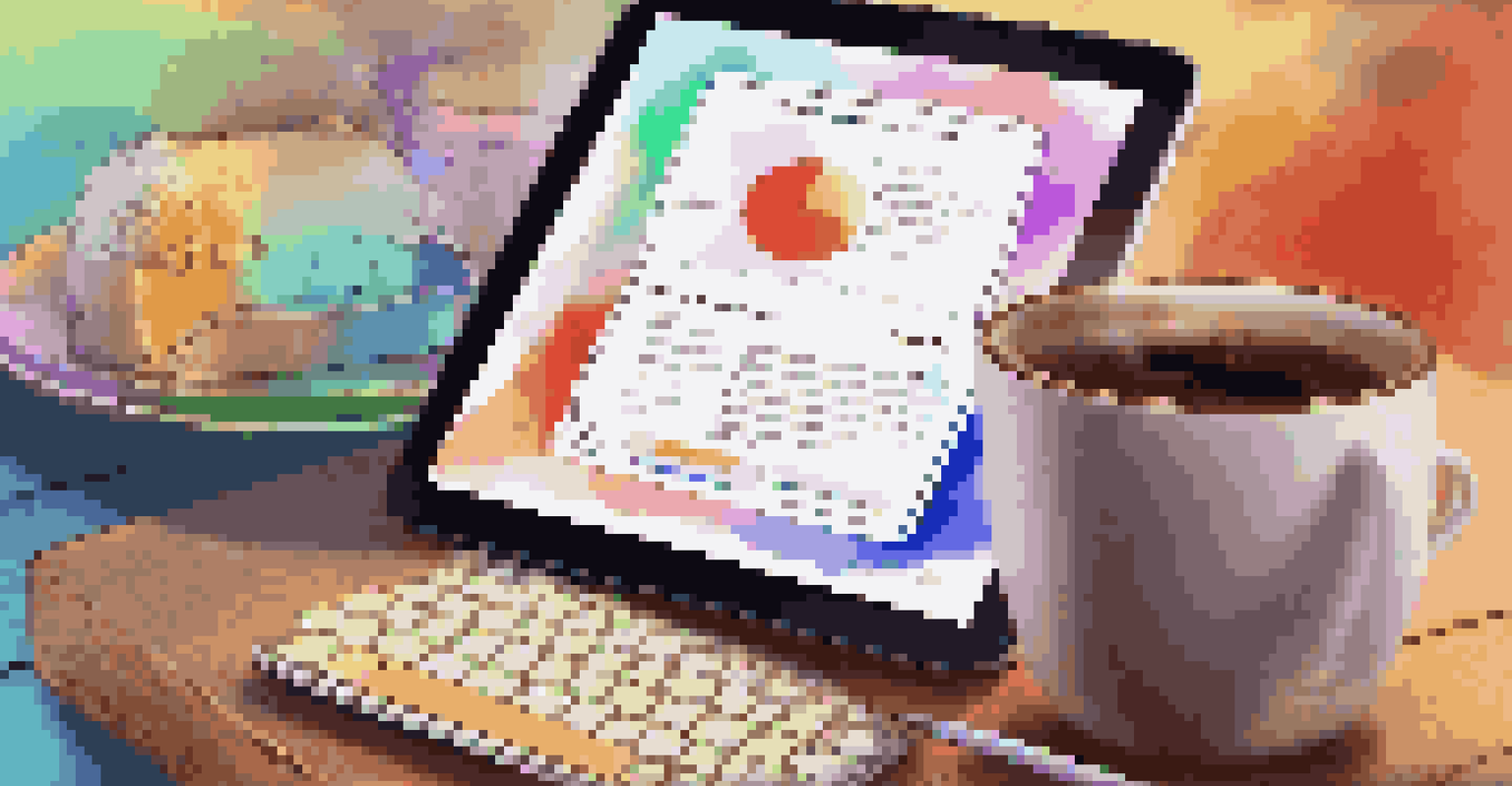 A digital tablet showcasing an interactive quiz on a colorful background, placed next to a coffee cup on a wooden desk.