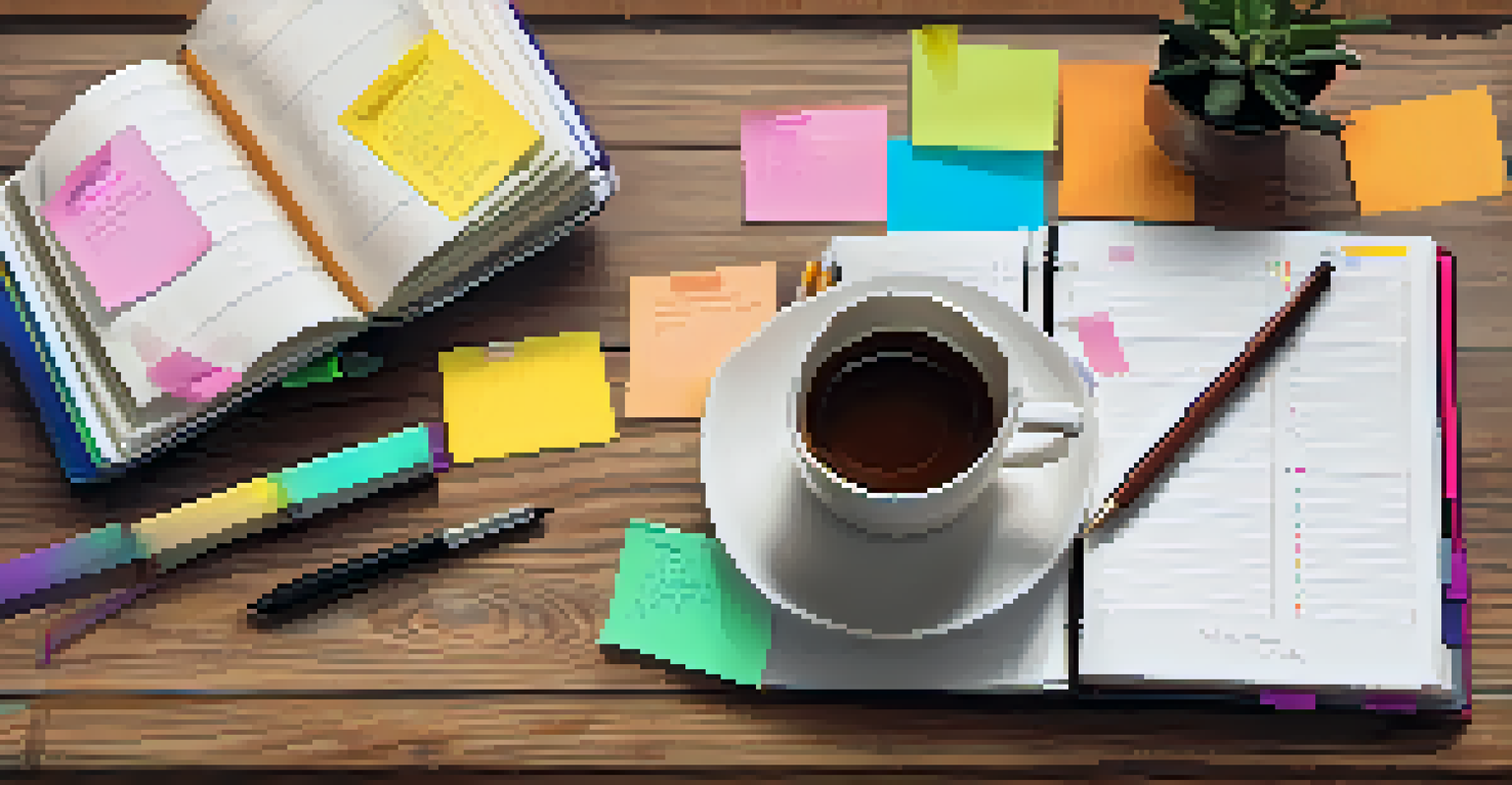 A planner filled with colorful notes and highlighted tasks next to a cup of coffee, set on a wooden table.