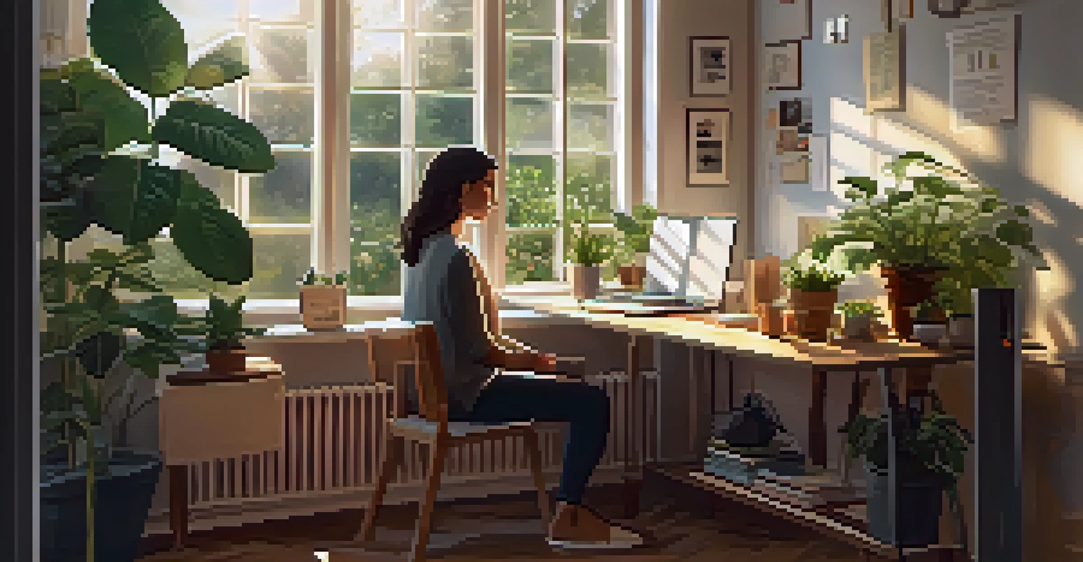 A cozy home office with a person using a laptop, plants, and sunlight coming through the window.