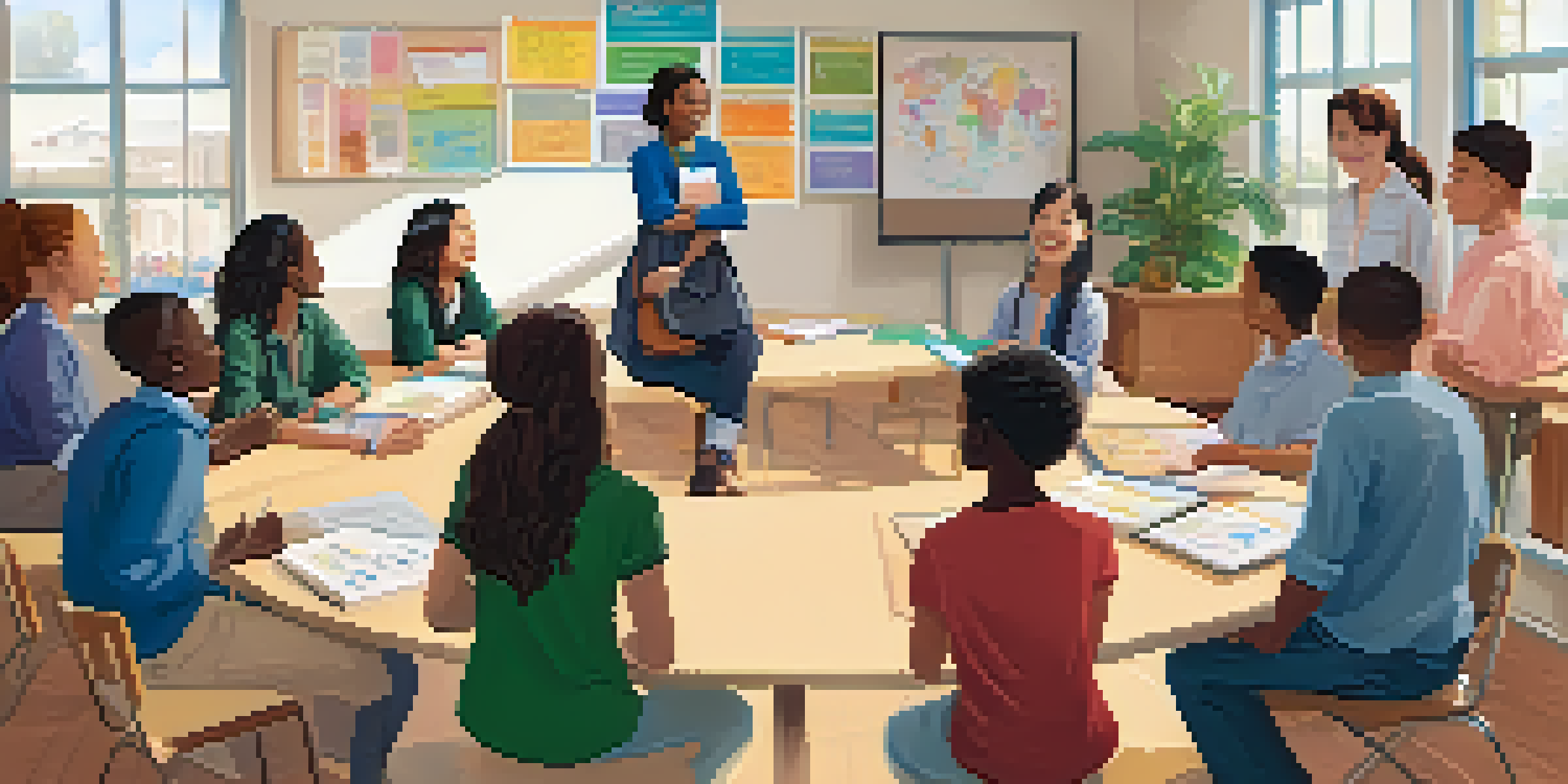 A bright classroom where diverse teachers are collaborating in a workshop, showcasing a supportive learning atmosphere.