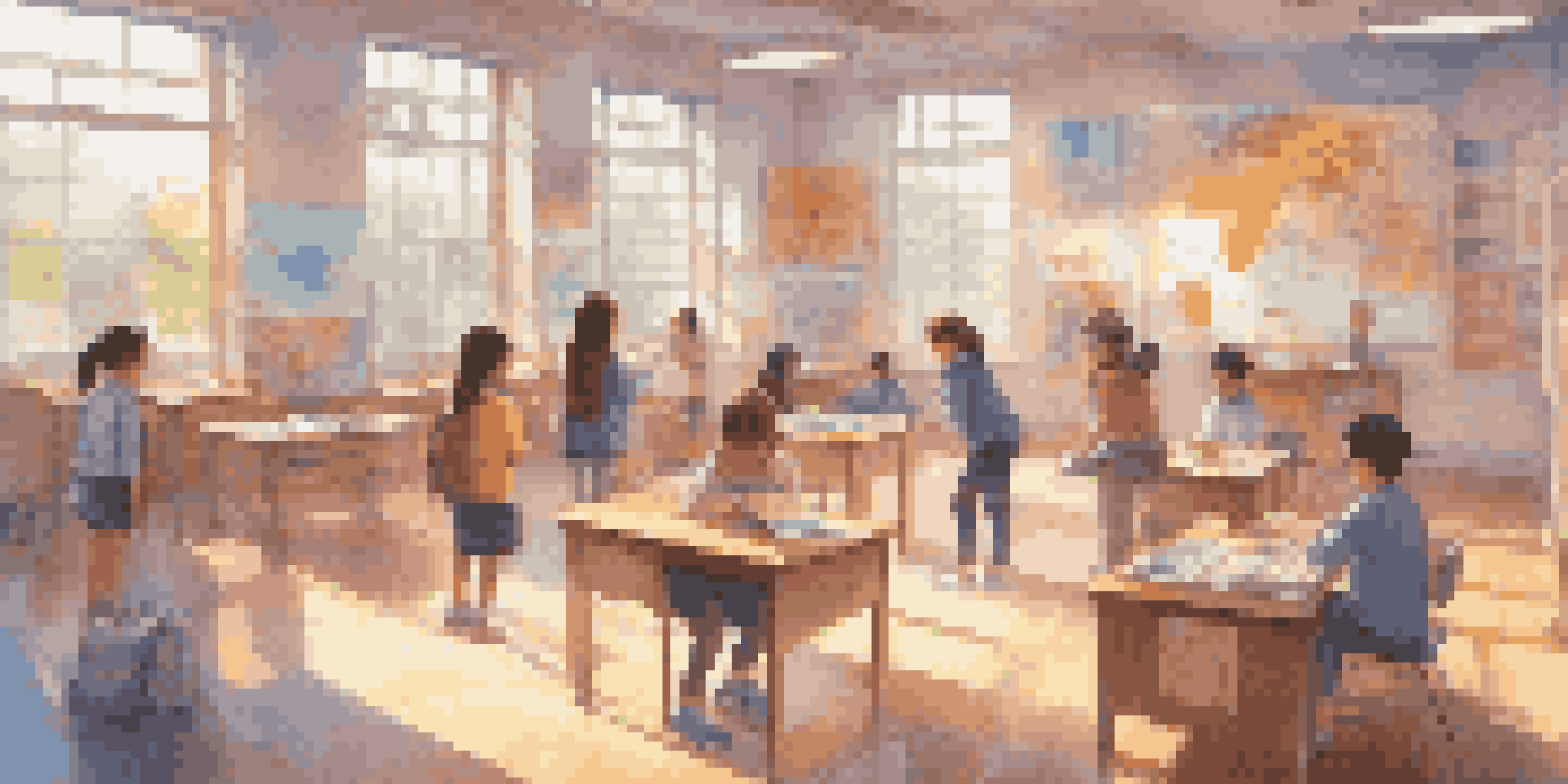 A vibrant classroom where students engage with augmented reality devices, interacting with holograms of objects while learning a new language.