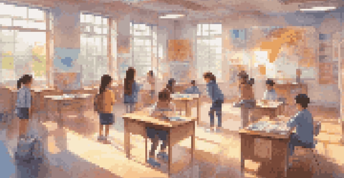 A vibrant classroom where students engage with augmented reality devices, interacting with holograms of objects while learning a new language.