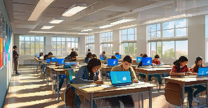 Students in a bright vocational training classroom collaborating on blended assessments with laptops and traditional desks.