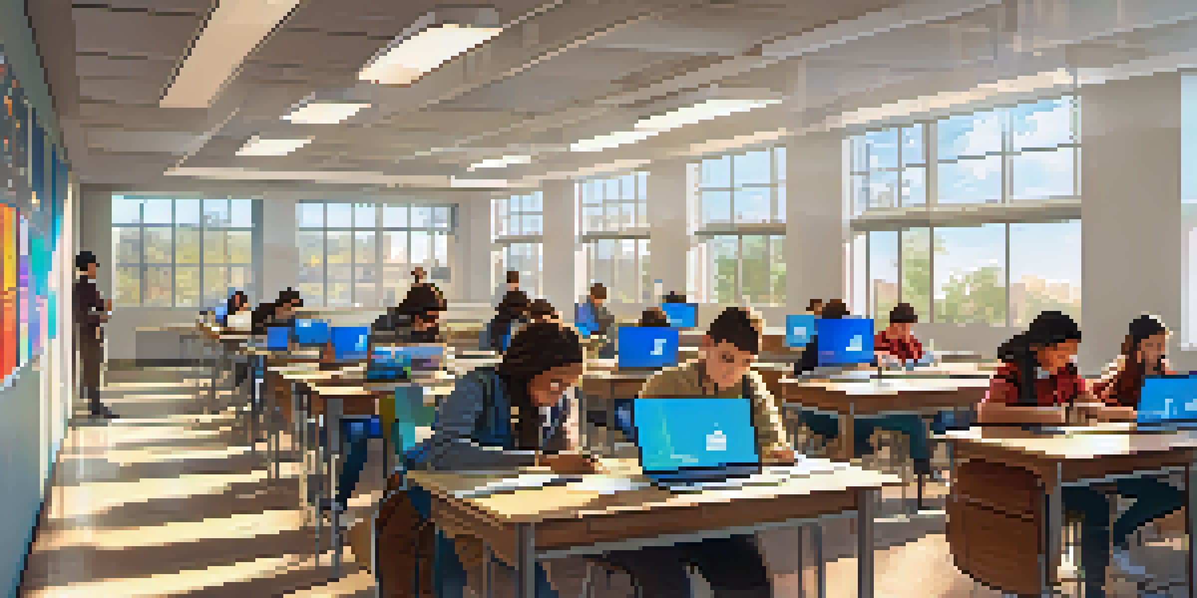 Students in a bright vocational training classroom collaborating on blended assessments with laptops and traditional desks.