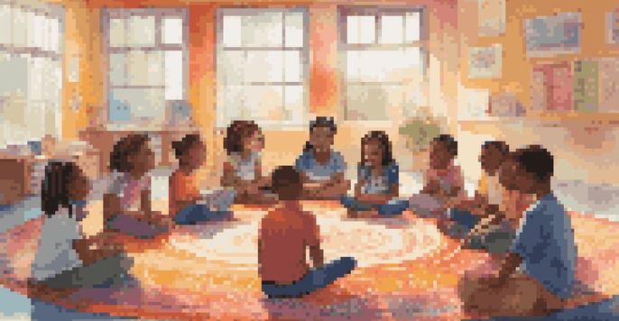 Diverse students sitting in a circle on colorful rugs in a bright classroom, engaging in a discussion about emotions.